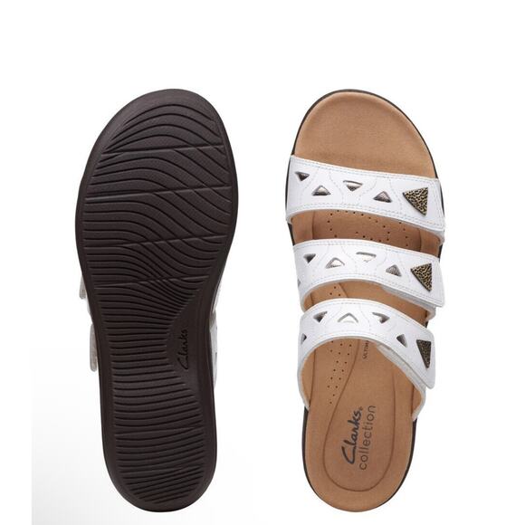 Clarks White Leather Comfort Slide Sandals Triple Strap Cushioned Footbed New - Picture 3 of 7
